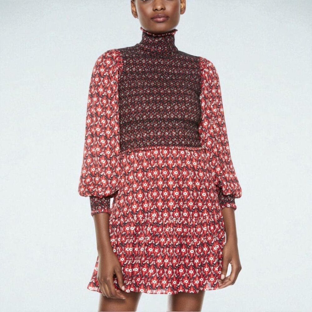 Alice + Olivia Elvira Smocked Mock Neck Mini Dress Size 10 - Picture 2 of 16